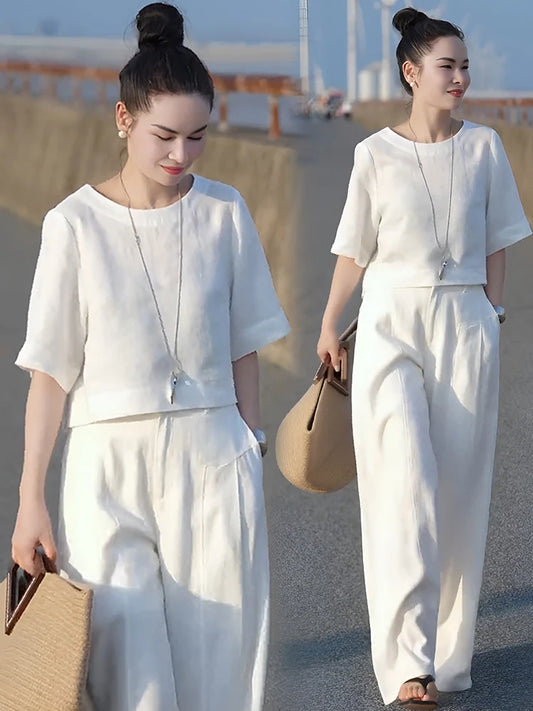 Elegant Fashionable Linen Wide Leg Pants Set Women's Summer New Design Unique Two Piece Suit Casual Commute Style round Neck