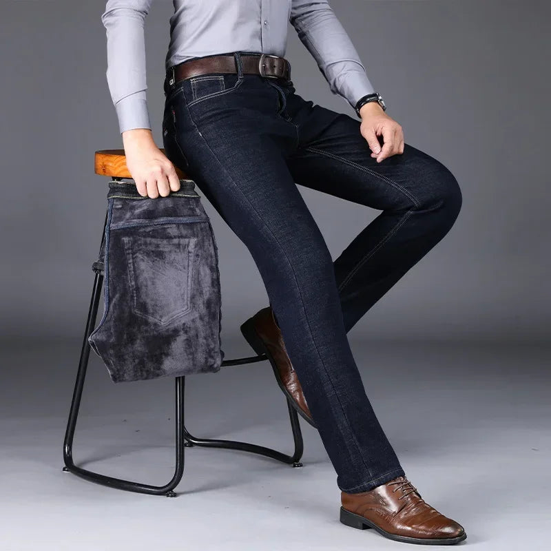 2024 Winter New Men's Fleece Warm Jeans Classic Style Business Casual Thicken Regular Fit Denim Pants Black Blue Brand Trousers