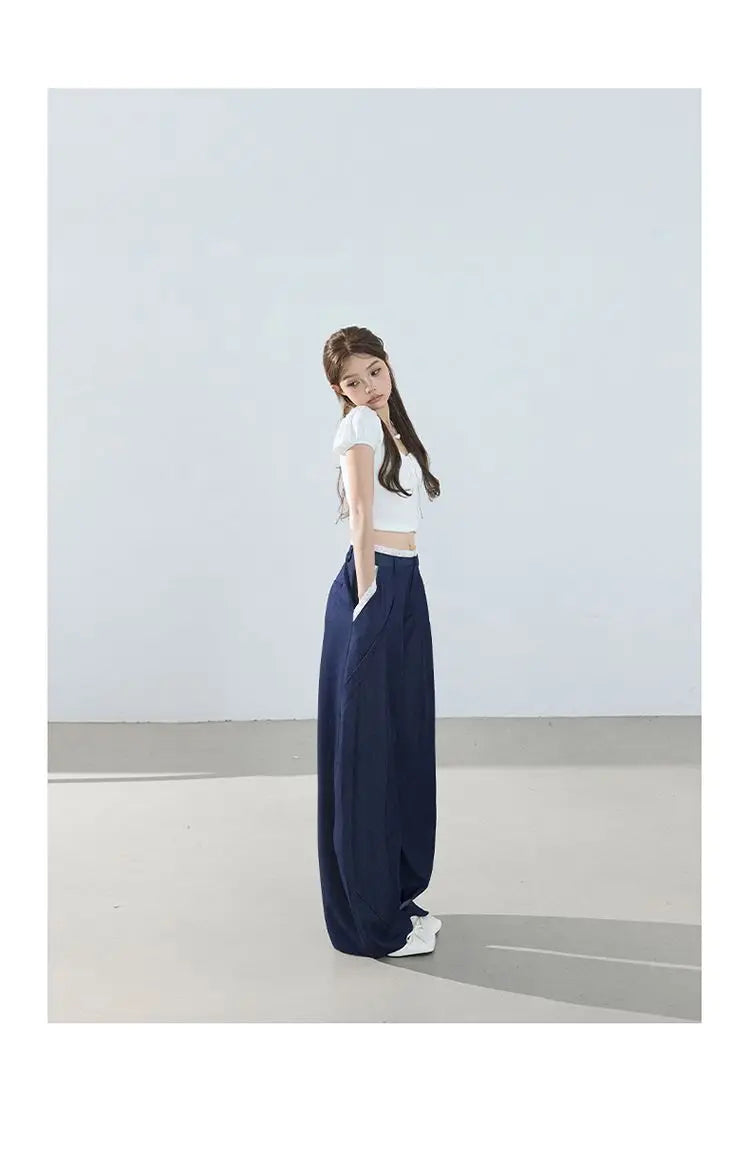 American-style retro loose wide-leg pants, lightweight curved pants, cool lace splicing, versatile casual pants for women