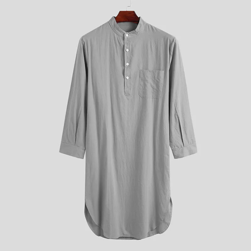 Blue Color Long Sleeved Muslim Long Shirt for Men Solid Cotton Linen Robes Muslim Fashion Arabia Man abaya