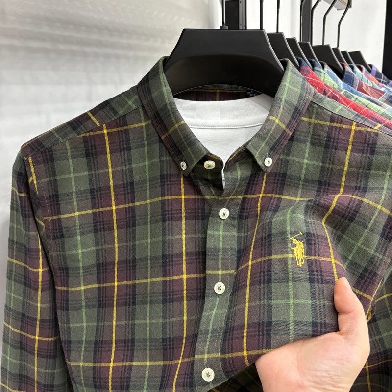American-style Plaid Long-sleeve Shirt for Men, Pure Cotton Casual Trendy Brand Embroidered Red Shirt Top for Spring and Autumn