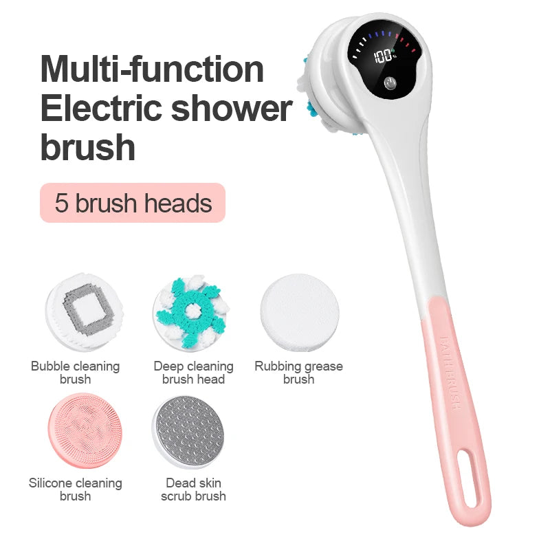 Electric Body Brush Back Skin Scrubber for Shower Waterproof Bath Brush with 5 Heads 3 Levels for Cleansing and Massaging Skin