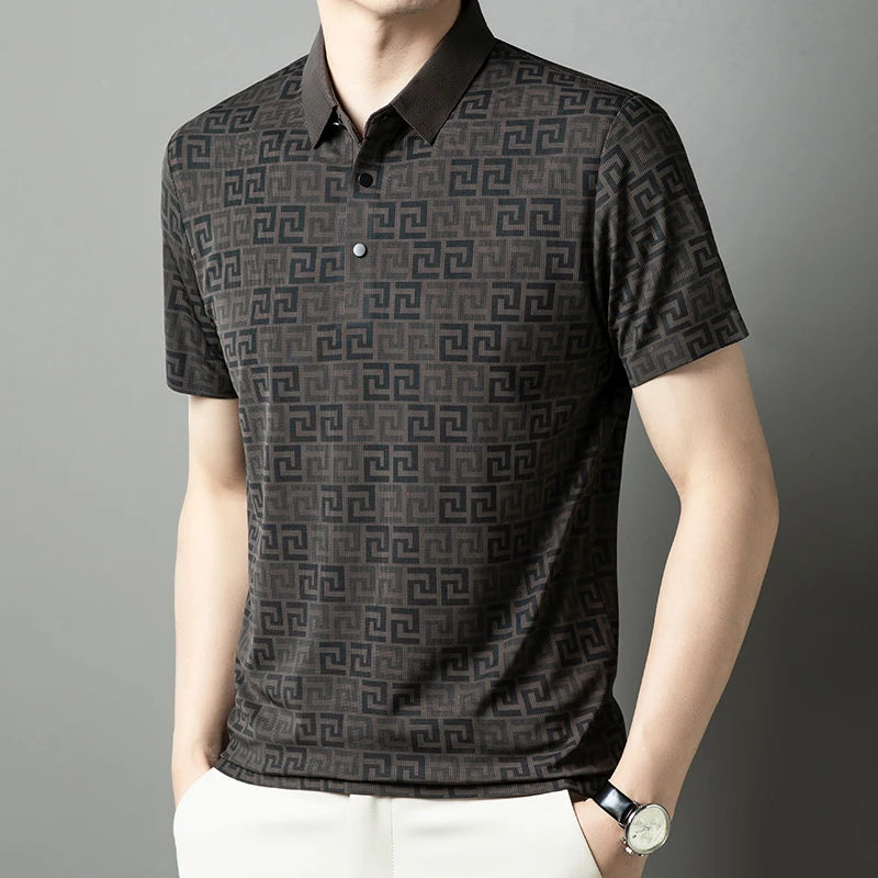 Summer Slim-Fit Men's Short-Sleeved Polo Shirt Classic Lapel Single-Breasted Placket Meander Pattern Casual Style Men's Clothing