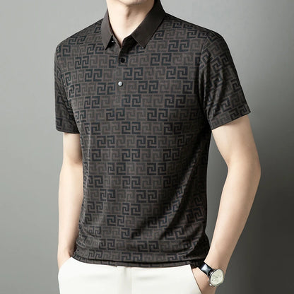 Summer Slim-Fit Men's Short-Sleeved Polo Shirt Classic Lapel Single-Breasted Placket Meander Pattern Casual Style Men's Clothing