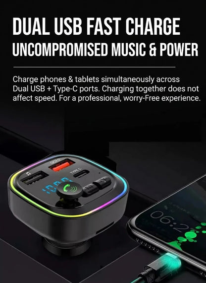 Car Bluetooth FM Transmitter Audio Adapter With RGB Ring Light Dual USB QC3.0 And Type-C Fast Charger Hands-Free MP3 Player