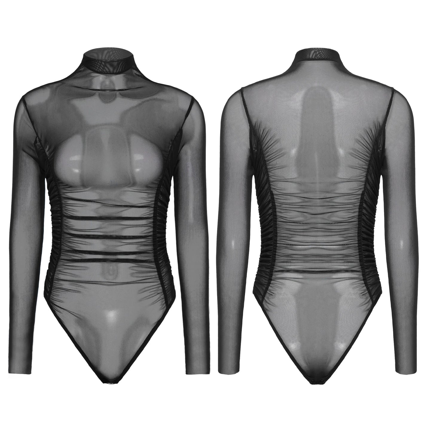 Womens Nightclub Beach Bodysuit Sheer Mesh Side Ruched High Collar Long Sleeve Button Crotch Leotard See Through Cover Up Outfit