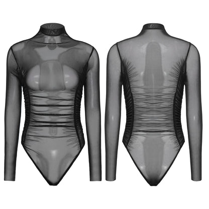 Womens Nightclub Beach Bodysuit Sheer Mesh Side Ruched High Collar Long Sleeve Button Crotch Leotard See Through Cover Up Outfit