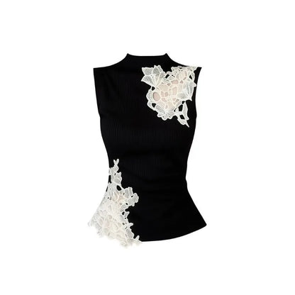 Black Lace Patchwork Sleeveless Tank Top Women Spring Summer Design Slim Hollow-out Y2k Top Sexy T-shirt Cute Tops New
