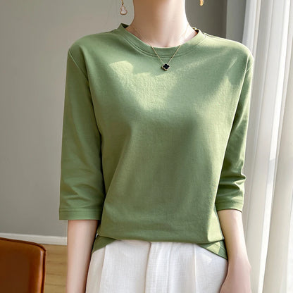 Summer Cotton Short-Sleeved T-Shirt Women's Round Neck Seven-Point Sleeves Loose Mercerized Cotton Half-Sleeve Shirt New T-shirt