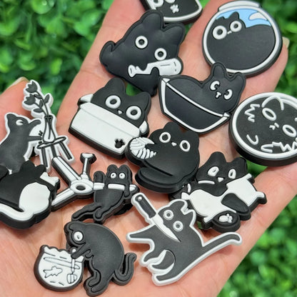 New 1-13pcs Cute Animal Black Cat PVC Garden Shoe Charms Sandal Buckle Boys Girls Cartoon Hole Slipper Accessories DIY Backpack