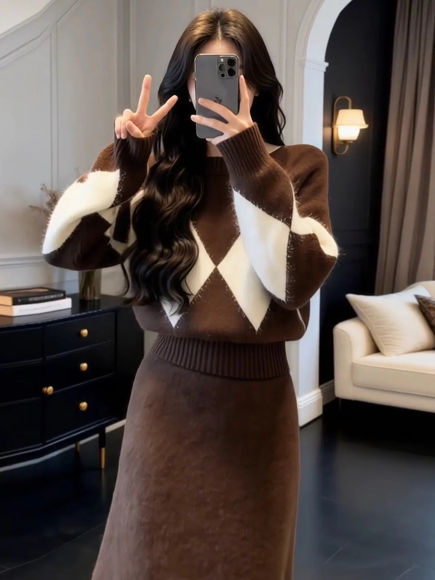Women's Knitted Sweater Dress Winter 2026 New Style Inner Wear Diamond Pattern Two-Piece Set New Year's Robe Fashionable Ense...