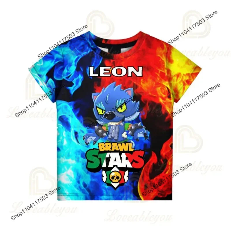 Brawler Leon Shooter Kids T-shirt Shooting Game Spike 3D Print Tshirt Boys Girls Cartoon Tops Teen Clothes