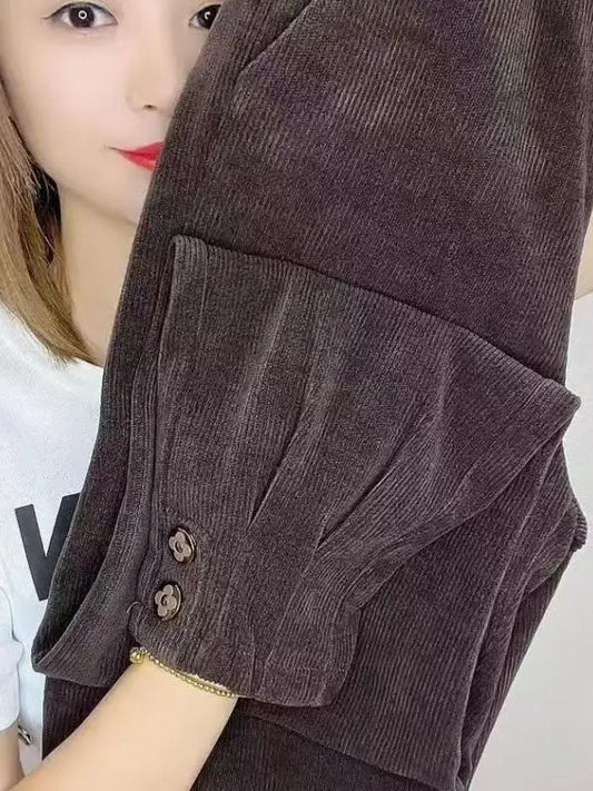 plus Size Corduroy Wide Leg Pants Women's Fleece Lined Slimming  Bootcut Trousers Autumn Winter High Waist Elastic Waist