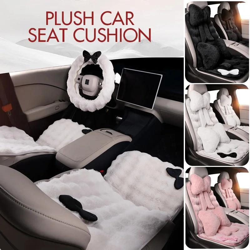 Winter Plush Car Seat Cover Bowknot Fashion Cute Women's Automotive Interior Protector Steering Wheel Warm Cushion Car Pillow