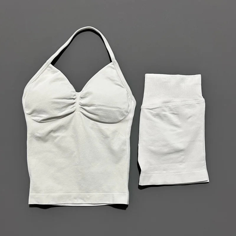 HISTELLO 2 Pieces Sports Set Women Yoga Longline Strap Top Scrunch Seamless Shorts Sport Gym Set Sportswear Workout Fitness Set