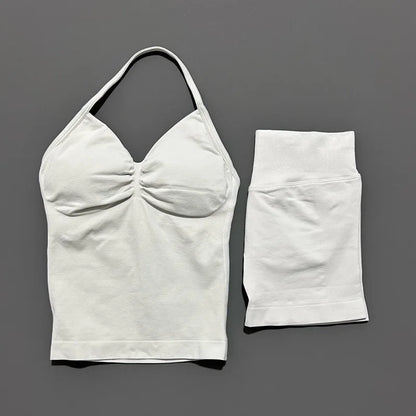 HISTELLO 2 Pieces Sports Set Women Yoga Longline Strap Top Scrunch Seamless Shorts Sport Gym Set Sportswear Workout Fitness Set