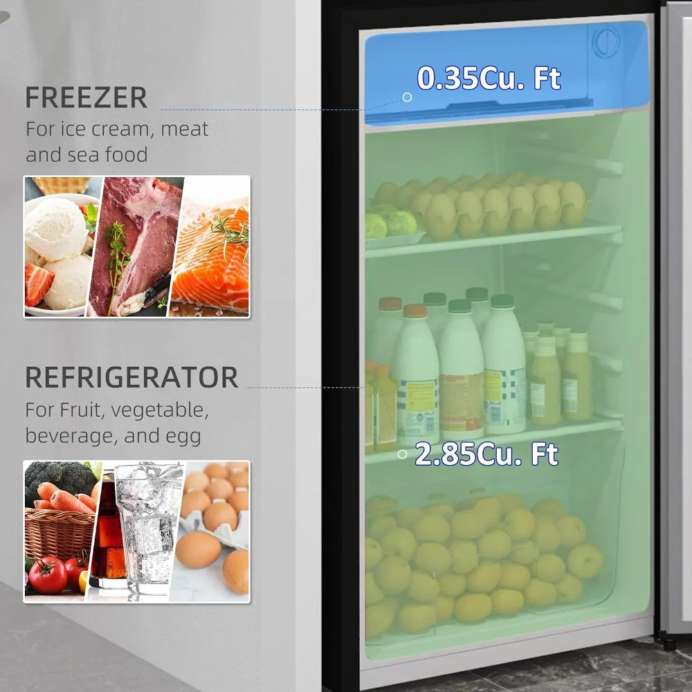 3.2 Cu.Ft Mini Fridge with Freezer, Compact Refrigerator with Adjustable Thermostat, Shelf and Reversible Door for Bedroom, Dorm, Home Office, Energy Efficient, Silver