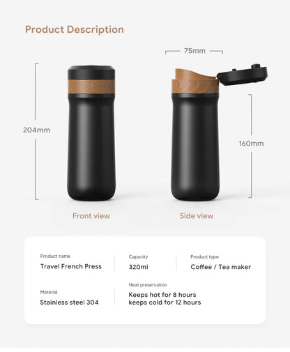 Portable French Press Coffee Tea Mug 12oz with Carry Loop Plastic Stainless Steel French Press Coffee Maker Great Camping Travel