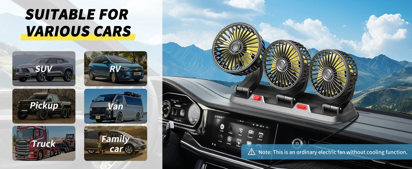 Car Fan 360° Adjustable 3 Head Air Fan Automotive Electric Fan USB/12V/24V Fan 2 Speeds Car Silent Fan For Home Desk Office&Car