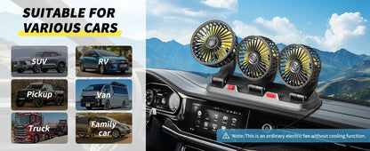 Car Fan 360° Adjustable 3 Head Air Fan Automotive Electric Fan USB/12V/24V Fan 2 Speeds Car Silent Fan For Home Desk Office&Car