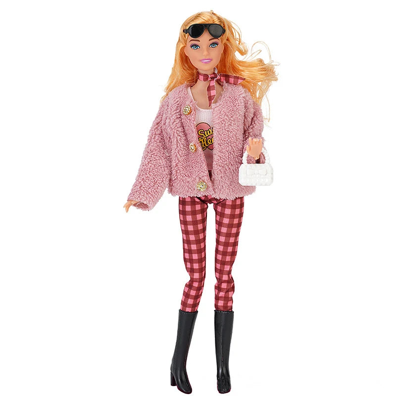 30cm Doll Full Set 1/6 Bjd Female Doll with Beautiful Winter Fashion Plush Fur Coat and Clothes Suit