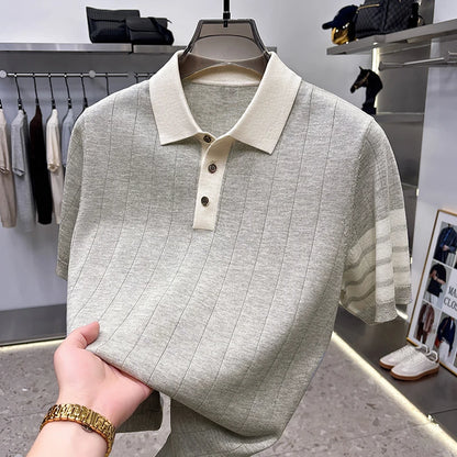 Quality Designer Brand Men Short-Sleeved Knitted Shirt Lapel Button Flax-Containing British Style Summer Leisure Men's Clothing