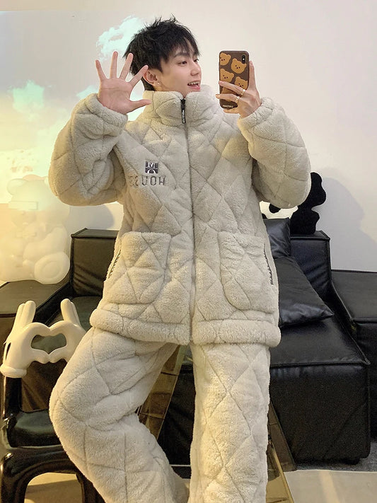 Men's Coral Fleece Sleepwear Thickened Cotton Sandwich Home Clothes Long Sleeve Zipper Closure Warm Home Suit for Autumn Winter