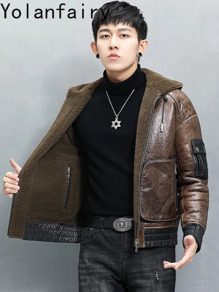 YOLANFAIRY Genuine Sheepskin Fur Coat Man with Hood Luxury Winter Mens Genuine Leather Jacket Motorcycle Short Natural Fur Coats