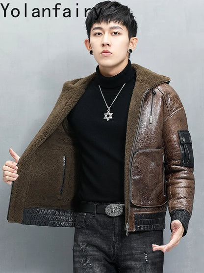 YOLANFAIRY Genuine Sheepskin Fur Coat Man with Hood Luxury Winter Mens Genuine Leather Jacket Motorcycle Short Natural Fur Coats