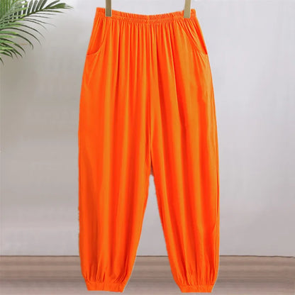 High Waist Lantern Pants Casual Cotton Silk Large Size Printed Long Trousers for Middle-Aged And Elderly Women
