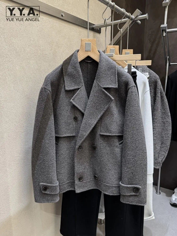 Fashion Winter Male Short Style Turn Down Collar Jacket Loose Fit Double Breasted Trench Coat Long Sleeves Pocket Warm Overcoat