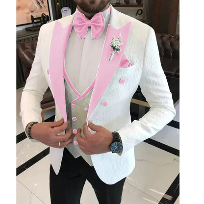 Floral Wedding Suits for Men Double Breasted Jacket with Vest Pants 3 Pieces Peak Lapel Groom Tuxedo Male Fashion Suit