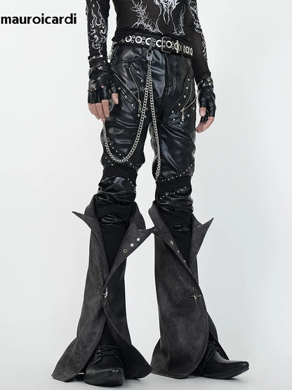 Mauroicardi Spring Skinny Black Pu Leather Motorcycle Pencil Pants for Men with Detachable Leg Covers Alternative Punk Clothes