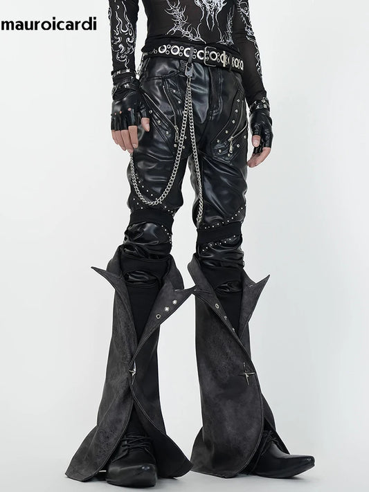 Mauroicardi Spring Skinny Black Pu Leather Motorcycle Pencil Pants for Men with Detachable Leg Covers Alternative Punk Clothes