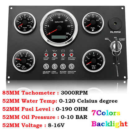 Boat Dashboard 5 Gauge Set Switch Panel 85mm Tachometer 3000rpm-8000rpm+52mm Voltmeter Oil Press Fuel Level Meter Customized