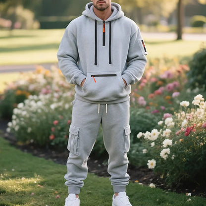 Men's Fleece Hooded Sweatshirt Set Trendy Solid Color Autumn Winter Sports Leisure European American Style 2025