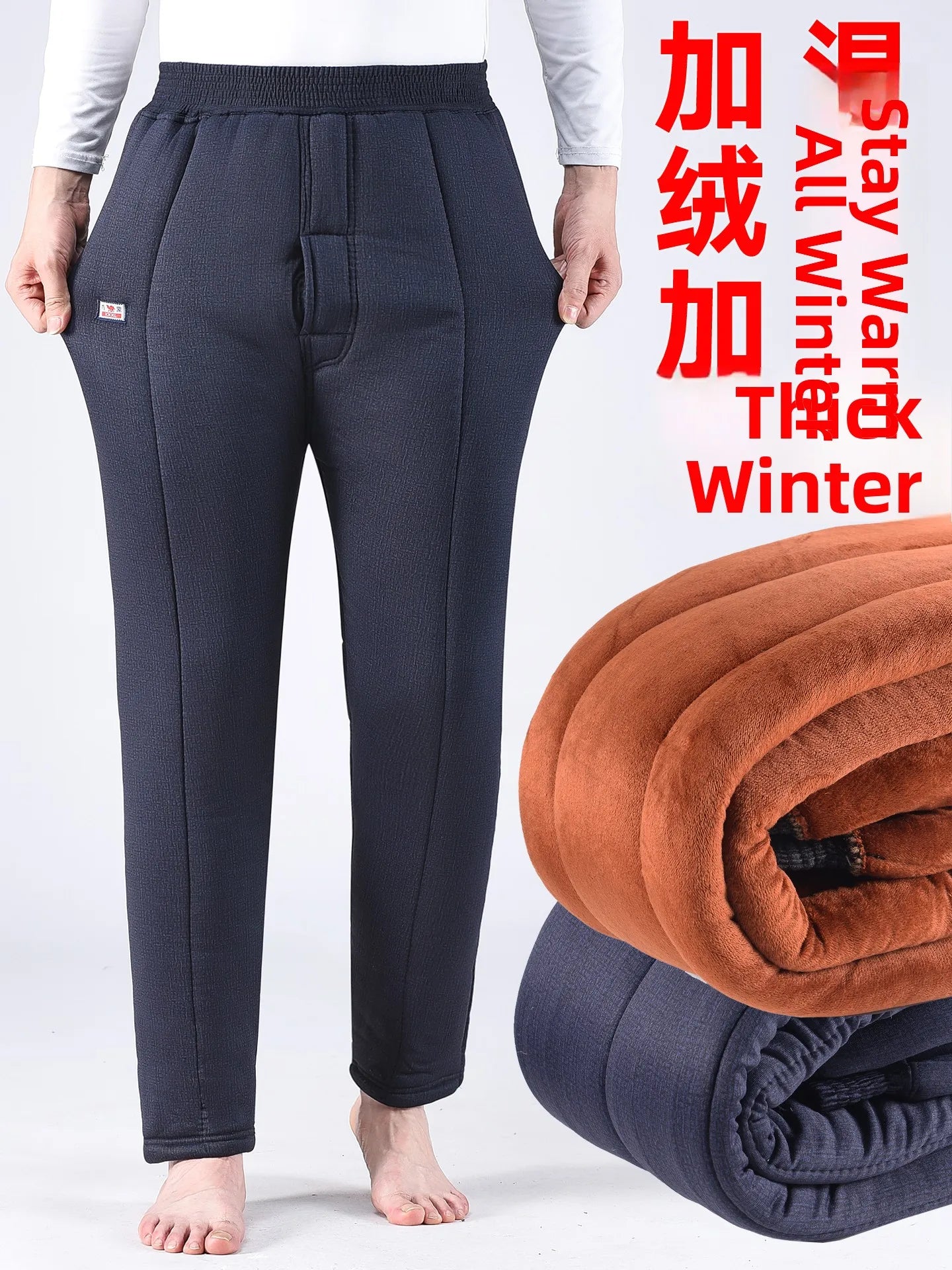 Thickened Cotton Pants for Middle-Aged And Elderly Men Winter Warm High-Waist Fleece-Lined Dad Pants Cold-Resistant Camel Cot...