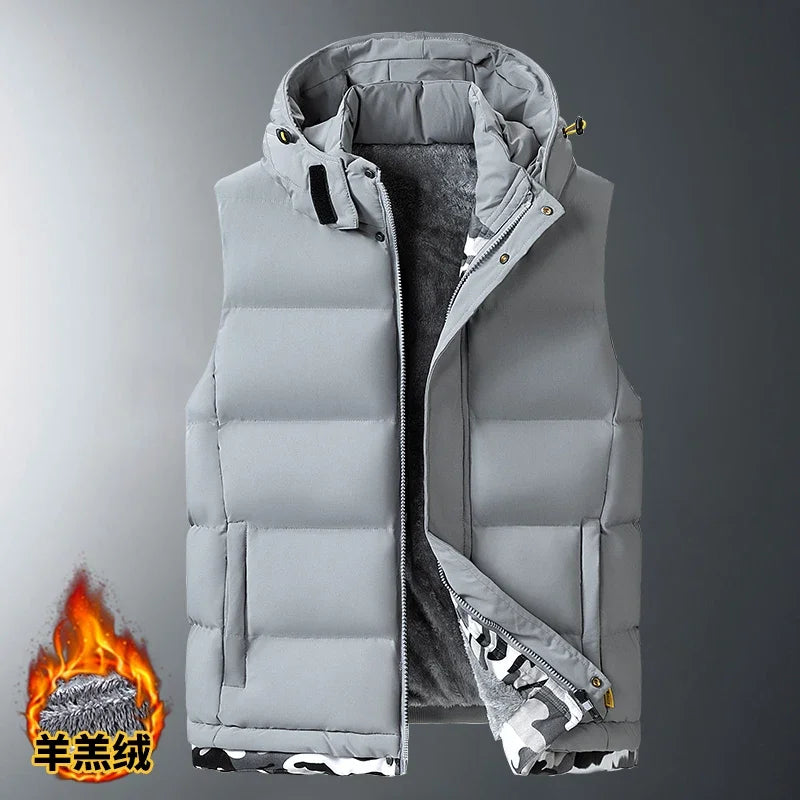 Big Size Men's Padded Vest Hooded Zip-up Fleece lined Sleeveless Jacket Male Winter Thick Warm Brushed Work Hiking Plus 9XL 10XL