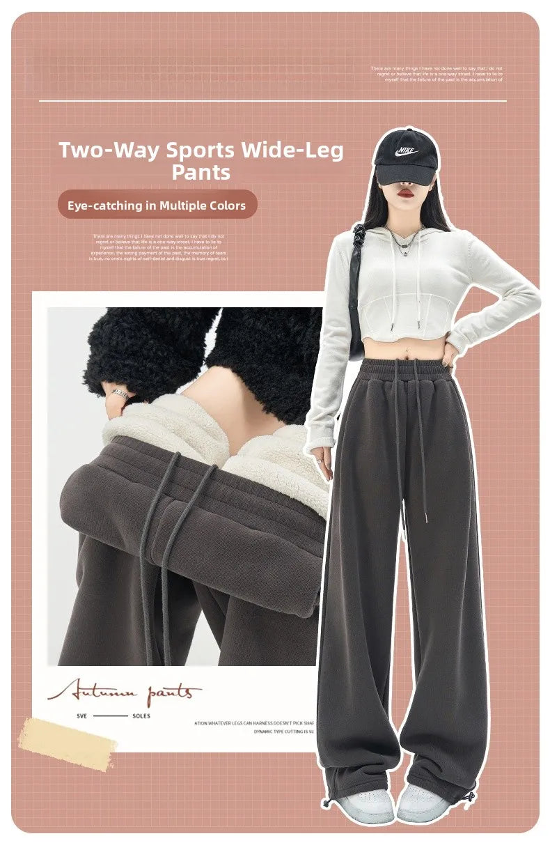 Gray Lamb Velvet Sport Pants Women's High Waist Drapey Fleece Wide Leg Casual Small Size Thickened Cotton Pants