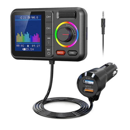 MP3 Music Player Wireless FM Transmitter with Big Color Screen 2.4A QC3.0 Dual USB Fast Charging Hands-Free Call Car AUX Adapter