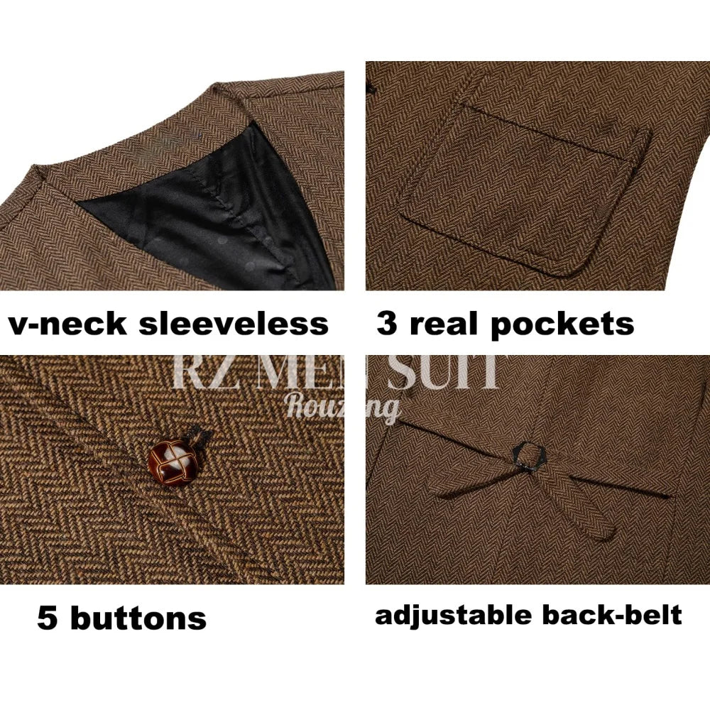 Mens Vintage Tweed Suit Vest V Neck Casual Wool Waistcoat for Wedding Groomsmen chaleco hombre