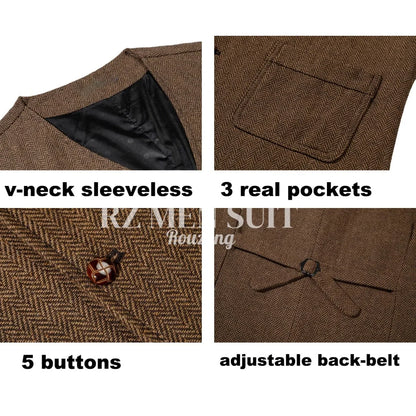 Mens Vintage Tweed Suit Vest V Neck Casual Wool Waistcoat for Wedding Groomsmen chaleco hombre