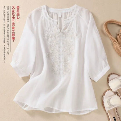 Fashion Thin Cotton Linen Y2k Tops Tee Women Clothing Summer Loose T Shirts Woman Embroidered T-shirt Blusa Casual Ladies tshirt