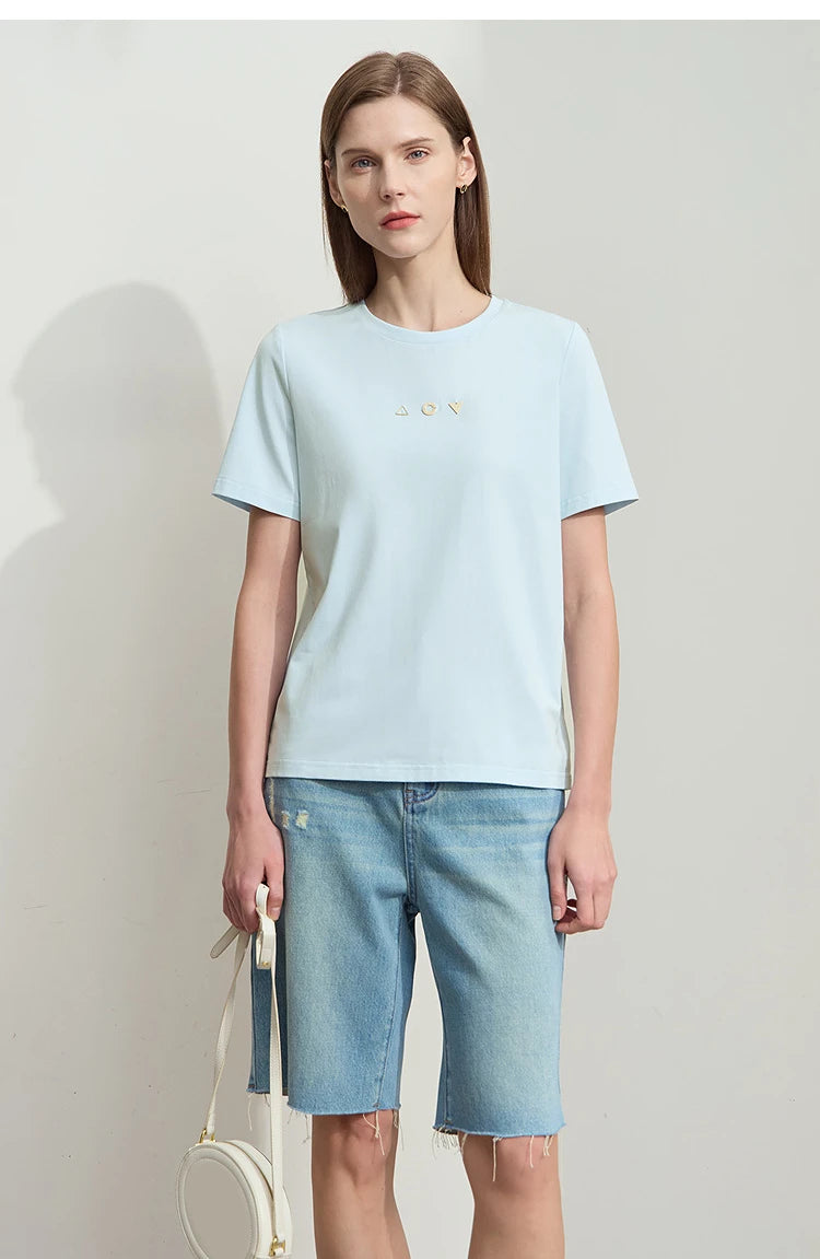 Amii Minimalist T-shirt Women's Tops O-neck Short Sleeves Geometric Decoration Antibacterial Cotton Elastic Casual Tees 12521088