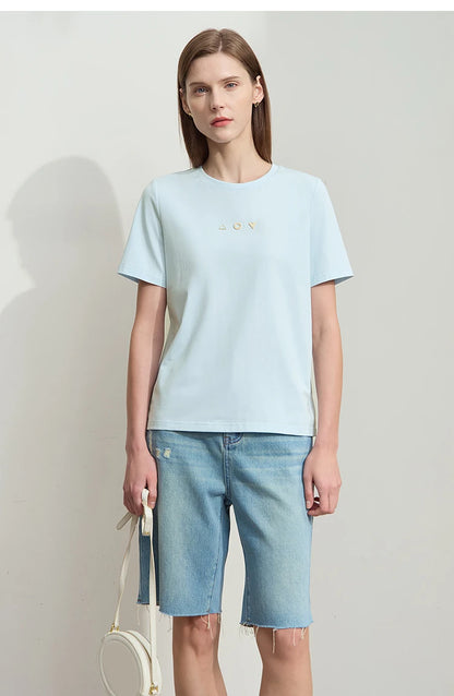Amii Minimalist T-shirt Women's Tops O-neck Short Sleeves Geometric Decoration Antibacterial Cotton Elastic Casual Tees 12521088