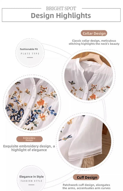 Large Size Mom Embroidered irt Women's Spring New Cotton Linen irt High End f Sve Seven Sve Women's Top