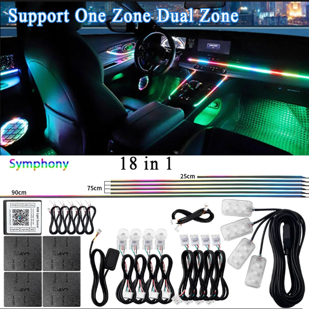 18/22 in 1 Led Acrylic Ambient Lamp 64 213 Color RGB Blutooth APP Control Car Atmosphere Lights Support One Zone Dual Zone 12V