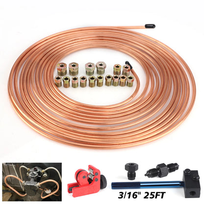 25Ft 7.62m 3/16" OD Roll Tube Coil Brake Line Pipe Tube House Repair Kit With 16PCS Tube Nuts Double Flaring Tool Tubing Cutter