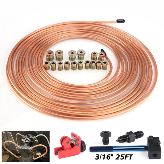 25Ft 7.62m 3/16" OD Roll Tube Coil Brake Line Pipe Tube House Repair Kit With 16PCS Tube Nuts Double Flaring Tool Tubing Cutter