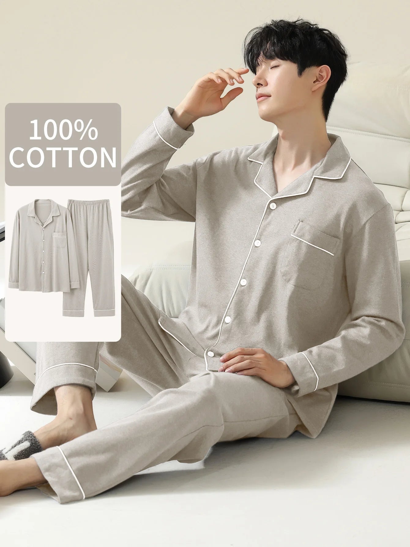 Men's 100% cotton long sleeved four season plus size men's sleepwear, teenage pure cotton home suit set for warmth